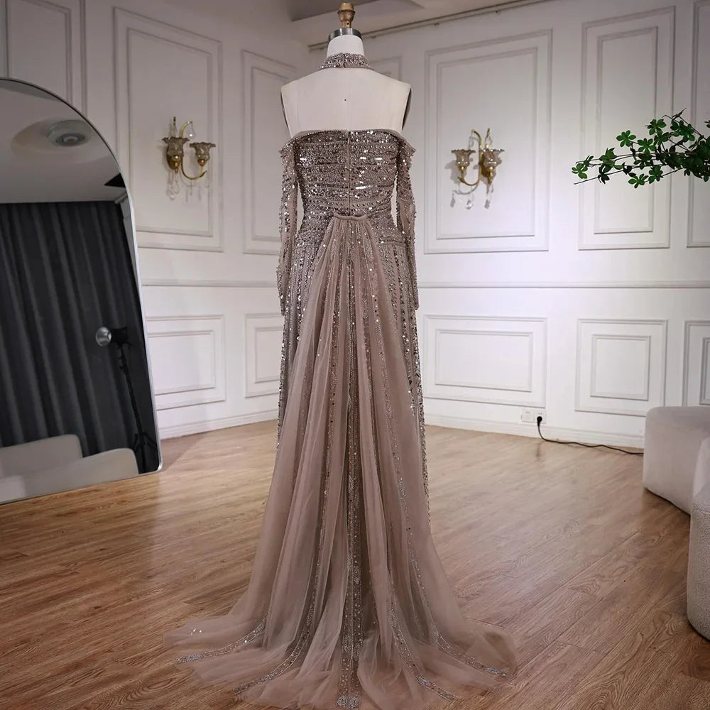 Elegant Caramel Beaded Off Shoulder Evening Dress with Long Sleeves for Formal Party Zapdress 2025 Customized (ZD17355)