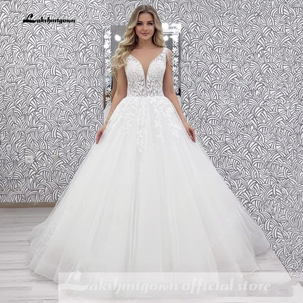 ZapDress V-Neck Wedding Dress with Beads Tassel Shoulders Illusion Long Bridal Dresses Lace Up Back Customized