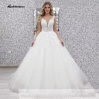 ZapDress V-Neck Wedding Dress with Beads Tassel Shoulders Illusion Long Bridal Dresses Lace Up Back Customized