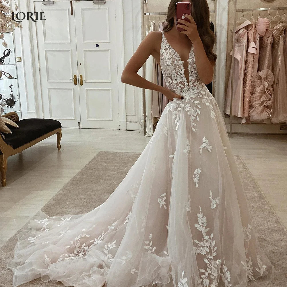 LORIE Boho Lace Elegant Wedding Dresses Low-Cut V-Neck Applique Bride Gowns Princess Spaghetti Strap Bridal Gown PartyCustomized