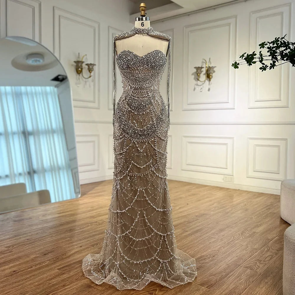 Zapdress Nude Strapless Mermaid Pearls Beaded Evening Gowns Luxury Party Dress with Tassel DLA72876 Customized (ZD17335)