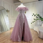 Serene Hill Yellow Feathers Beaded Mermaid Evening Dresses with Overskirt Side Slit Party Gowns for Women DLA72061 Customized