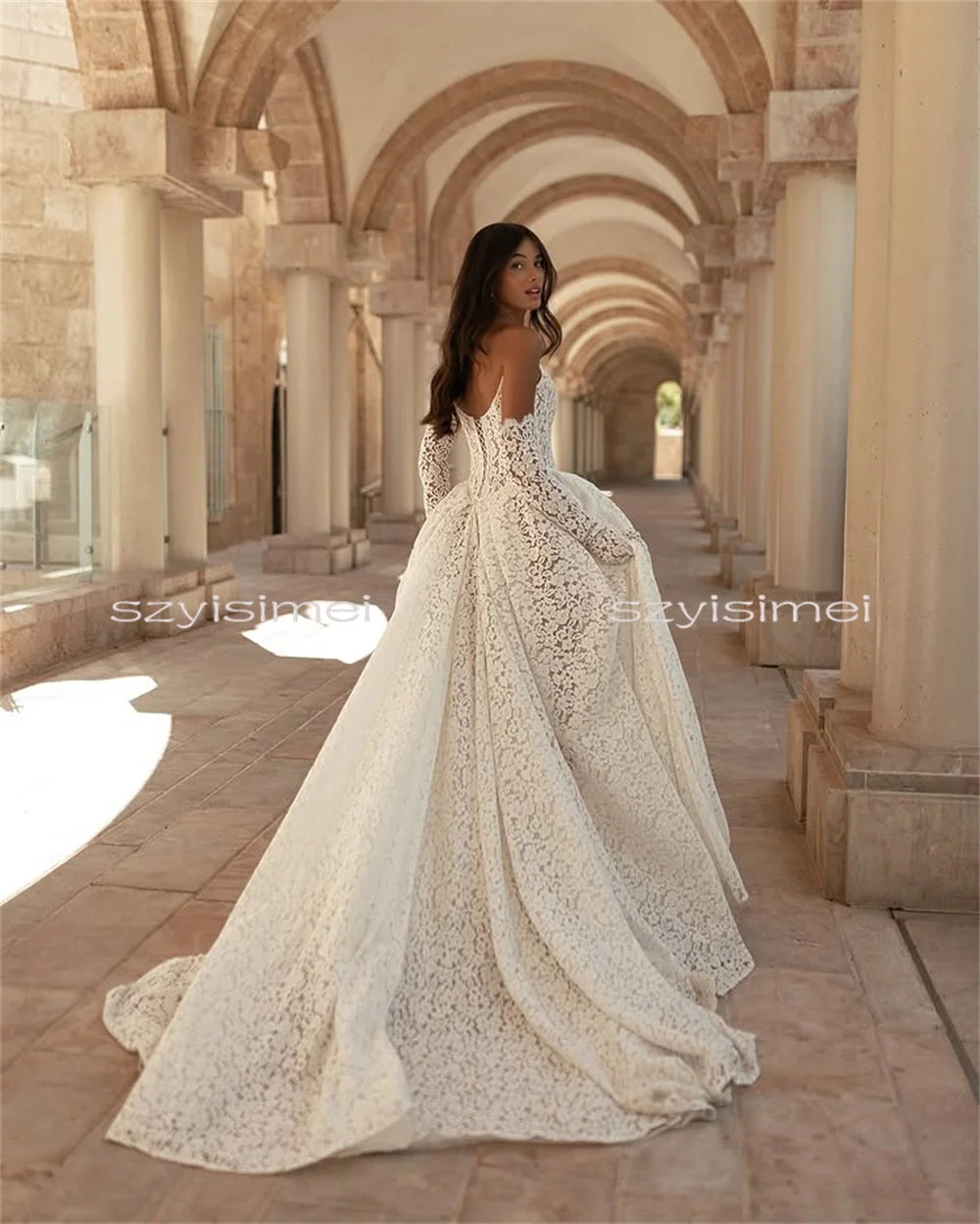 Fashion Full Lace Wedding Dress 3/4 Sleeve Strapless Gown with Front Split Custom Made Vestido De Noiva