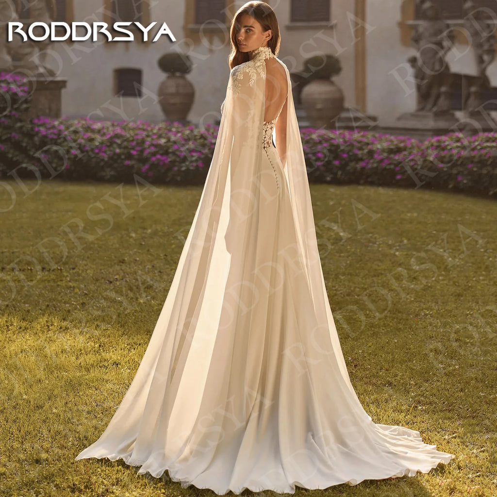 RODDRSYA Bohemian Wedding Dress A Line with Detachable Cape Boho Lace V Neck Crepe Open Back Bridal Dresses Woman Customized