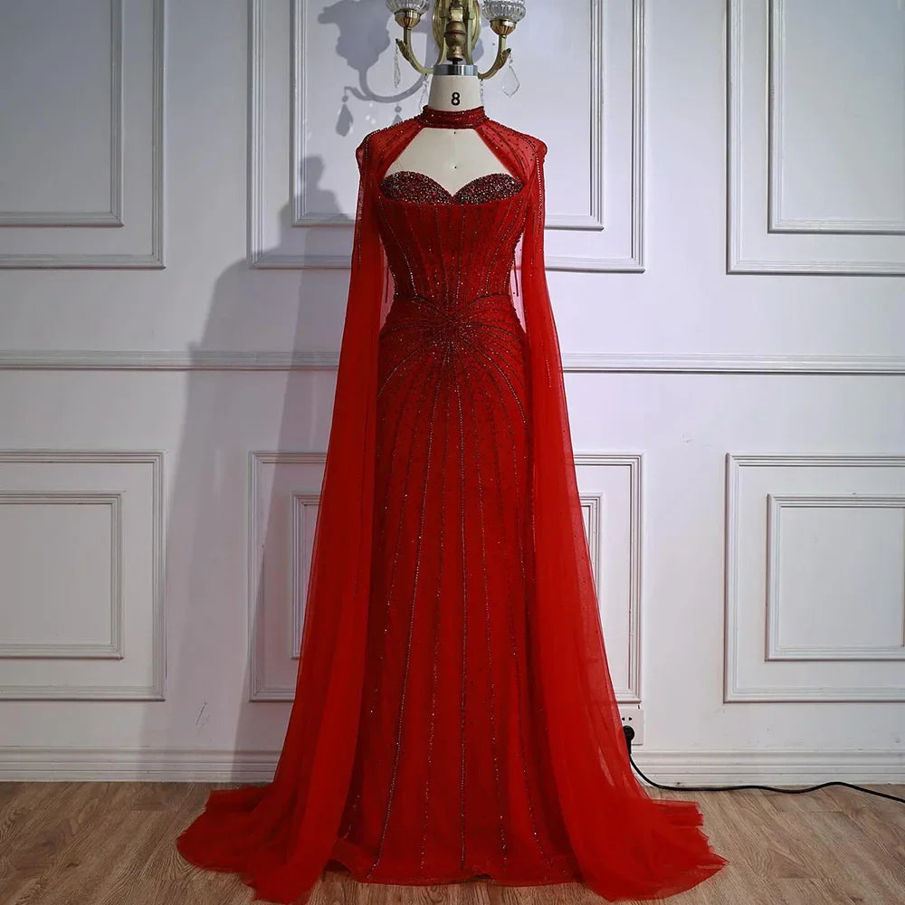 Luxury Nude Elegant Evening Gown Beaded Dress with Cape Sleeves for Formal Party Wear Serene Hill DLA72811A Customized