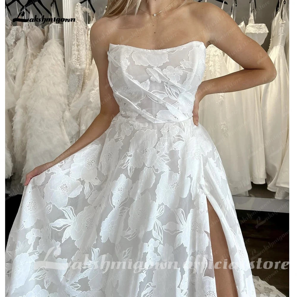 ZapDress Lace Wedding Dress for Women Side Slit A-line Bride Wedding Gowns Vestidos De Novia Customized