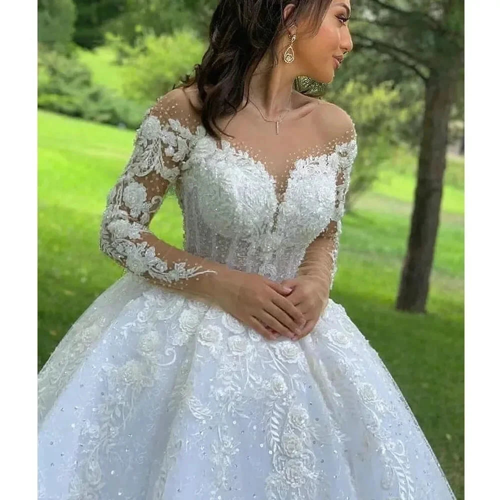 Princess Ball Gown Wedding Dresses 2023 O Neck Long Sleeves Vestido Casamento Lace Up Appliqus Beaded Bride Gowns Suknie Slubne by payinti