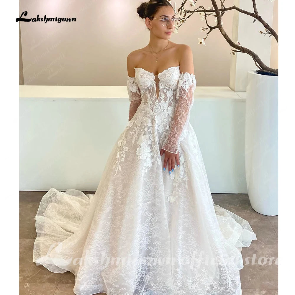 ZapDress Off the Shoulder Long Removeable Sleeves Sweethert Full Lace Bridal Grown A Line Wedding Dresses Customized