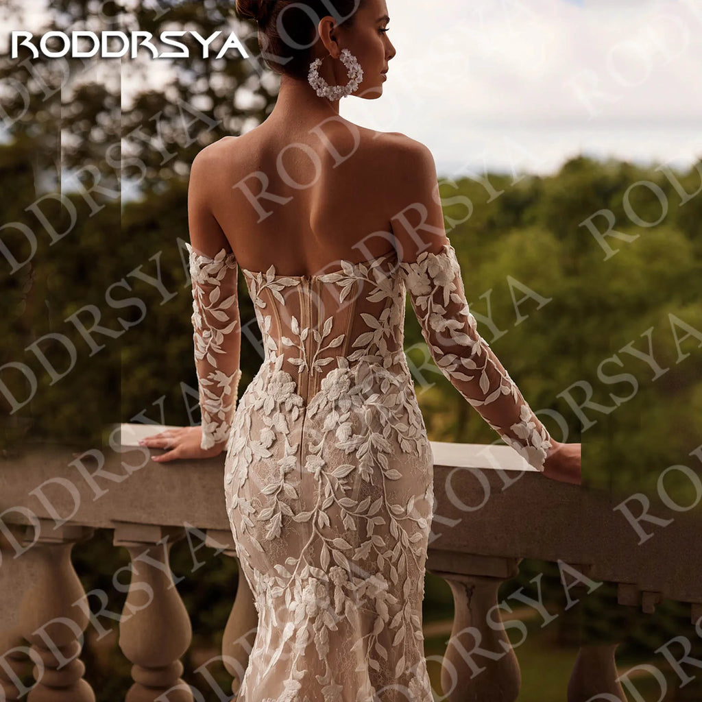 RODDRSYA Mermaid Long Sleeves Wedding Dresses Elegant Boho Off Shoulder Lace Applique Bridal Dress Customized Vestidos De Novia