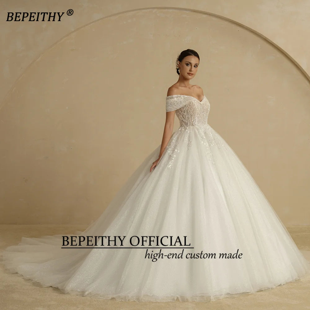 BEPEITHY Customized Plus Size Princess Wedding Dresses 2026 For Bride Off Shoulder Sleeveless Women Glitter Ball Bridal Gown