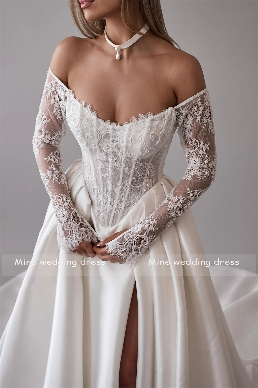 Customized Lace For Sweetheart And 3/4 Sleeve A-Line Satin Skirt Wedding Dress Backless Zipper Bridal Gown Robe De Mariée