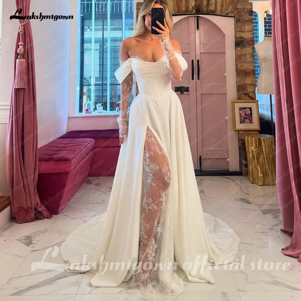ZapDress Off The Shoulder Pleat Satin Wedding Dresses Customized Long Sleeves A-Line Bridal Gowns Sweep Train Bridal Dresses