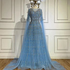 Customized 2025 Muslim A-Line Blue Beaded Elegant Evening Dresses With Cape Sleeves For Wedding Occasion (ZD17385)