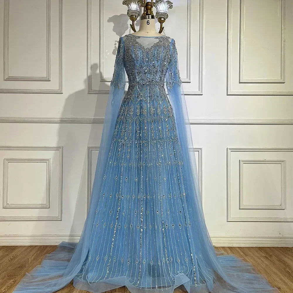Customized 2025 Muslim A-Line Blue Beaded Elegant Evening Dresses With Cape Sleeves For Wedding Occasion (ZD17385)