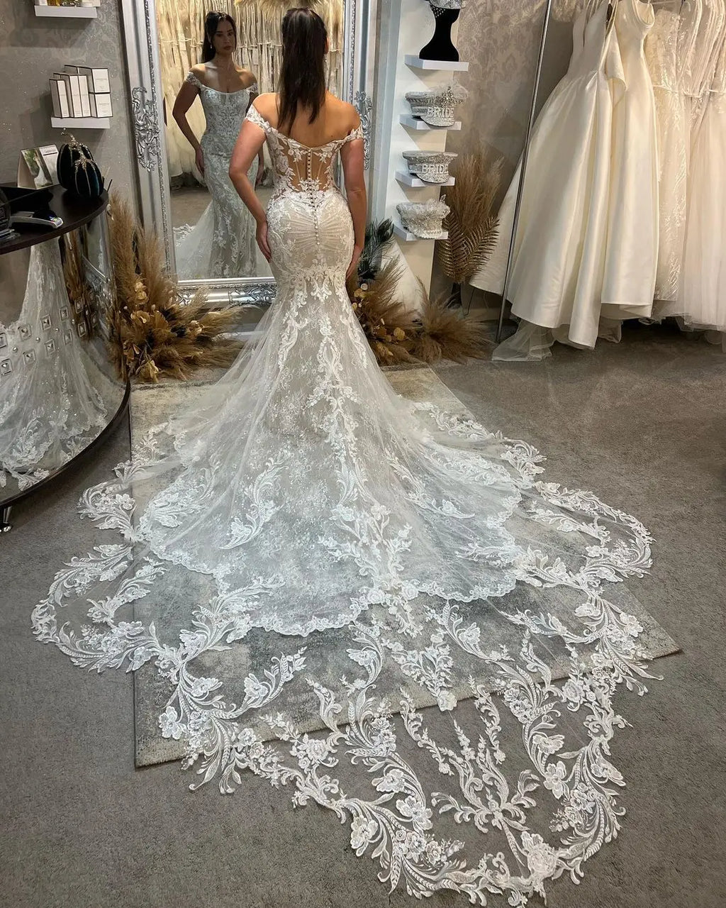 ZapDress Princess Lace Appliques Mermaid Wedding Gown for Women Customized Off the Shoulder Wedding Dress Vestido de Boda