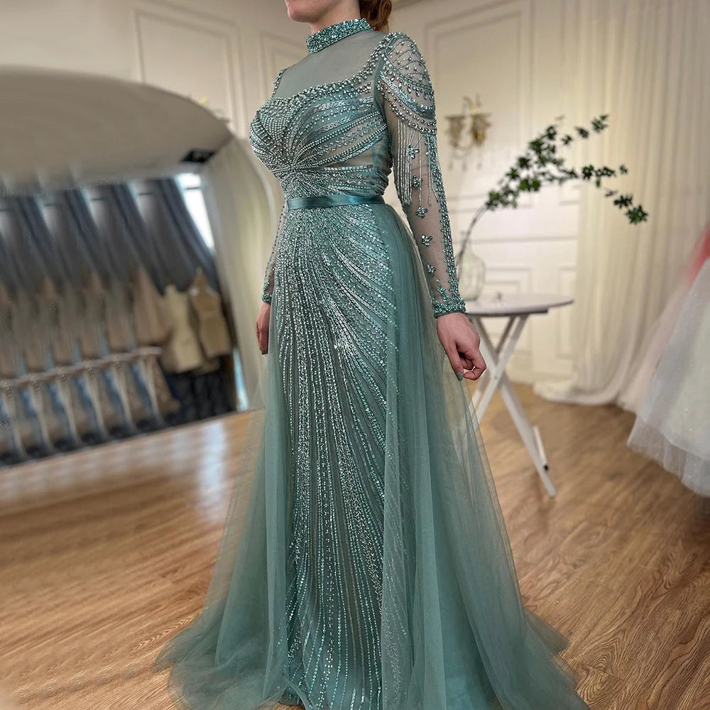 Zapdress Customized Nude Long Sleeves Beaded Mermaid Dubai Evening Dresses 2025 Muslim Party Gowns for Veiled Women (ZD17327)