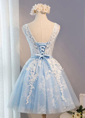 Scoop Neck Short Tulle Homecoming Dress Party Dress With Appliques Lace PG137