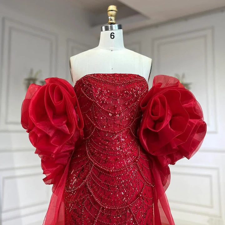 Serene Hill Red Strapless Mermaid Pearls Beaded Evening Dress with Cape Wedding Party Gowns for Women  DLA72585 Customized