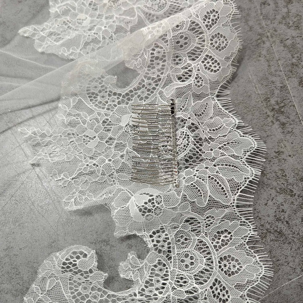 Customized Long Mantilla Veil with Eyelash Lace, 2.5m/3m Ivory Veil with Hidden Comb, Chantilly Eyelash Lace Wedding Veil