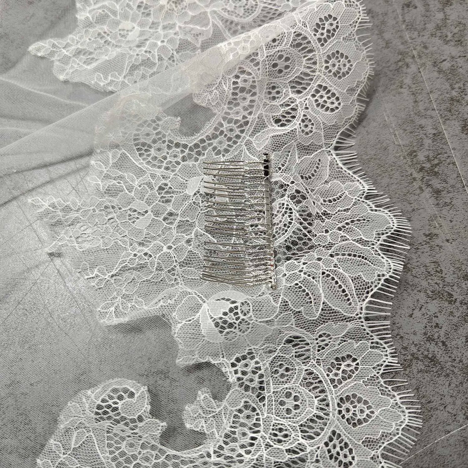 Customized Long Mantilla Veil with Eyelash Lace, 2.5m/3m Ivory Veil with Hidden Comb, Chantilly Eyelash Lace Wedding Veil