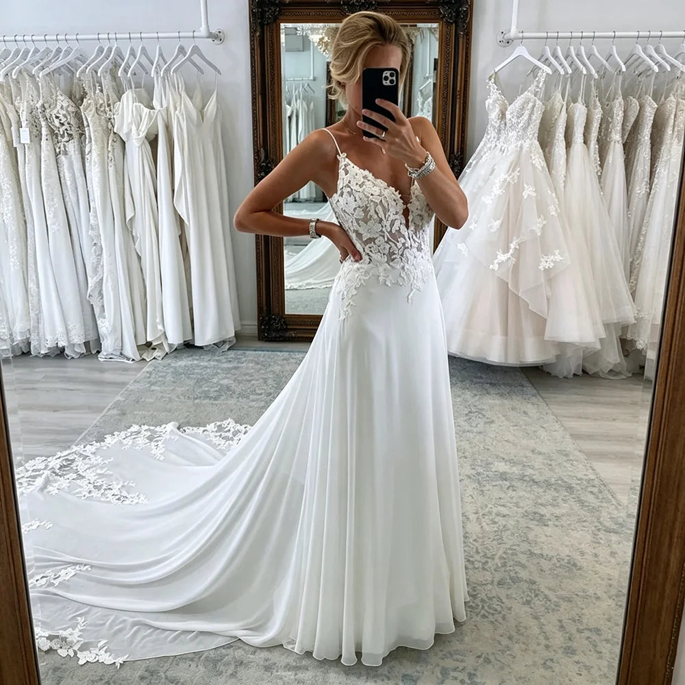 Women's Spaghetti Straps Deep V Backless Wedding Dresses Lace Appliques Chiffon Bridal Gown with Train Elegant Boho Bride Dress
