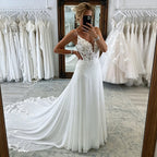 Women's Spaghetti Straps Deep V Backless Wedding Dresses Lace Appliques Chiffon Bridal Gown with Train Elegant Boho Bride Dress
