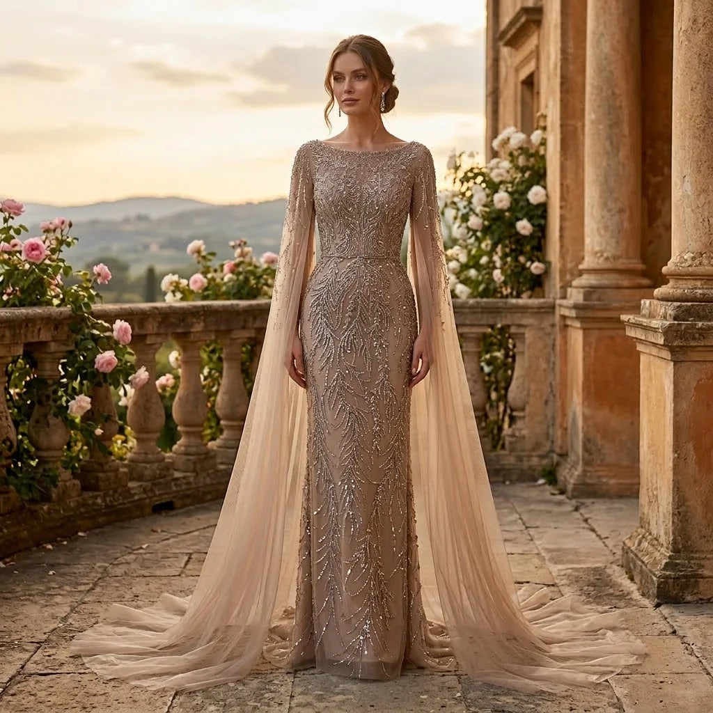 Zapdress Customized Caramel O-Neck Mermaid Evening Dress with Cape Sleeve 2026 Wedding Party Gowns for Women (ZD17364)