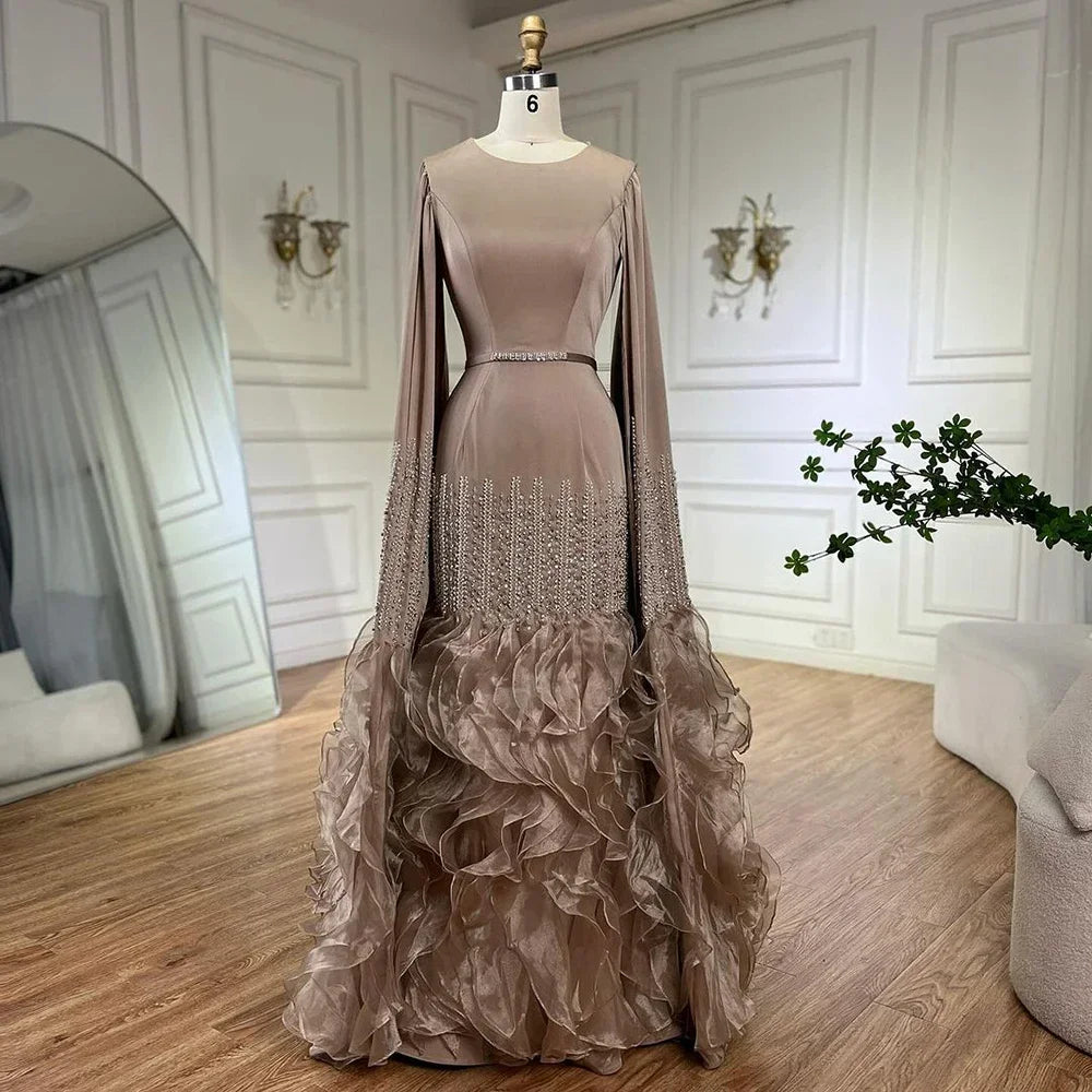 Serene Hill 2025 Champagne Mermaid Luxury Cape Sleeves Beaded Satin Saudi Evening Dresses Gowns for Party DLA72317A Customized