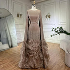 Serene Hill 2025 Champagne Mermaid Luxury Cape Sleeves Beaded Satin Saudi Evening Dresses Gowns for Party DLA72317A Customized