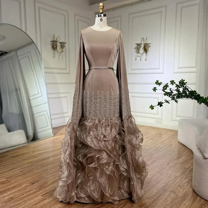 Serene Hill 2025 Champagne Mermaid Luxury Cape Sleeves Beaded Satin Saudi Evening Dresses Gowns for Party DLA72317A Customized