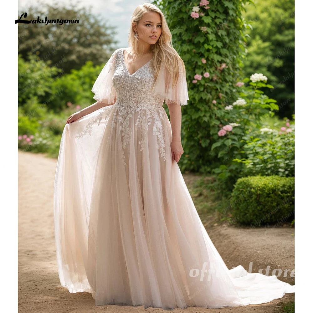 ZapDress Plus Size Wedding Dress New Women Applique Lace V-Neck Champagne A-Line Bride Gowns Robe De Mariée Customized