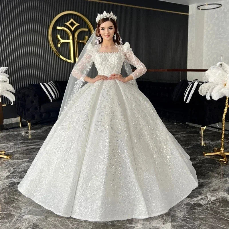Customized Gorgeous Square Collar Princess Wedding Dress Sparkling Beads Palace Training Long Sleeve Bridal Ball Dress
