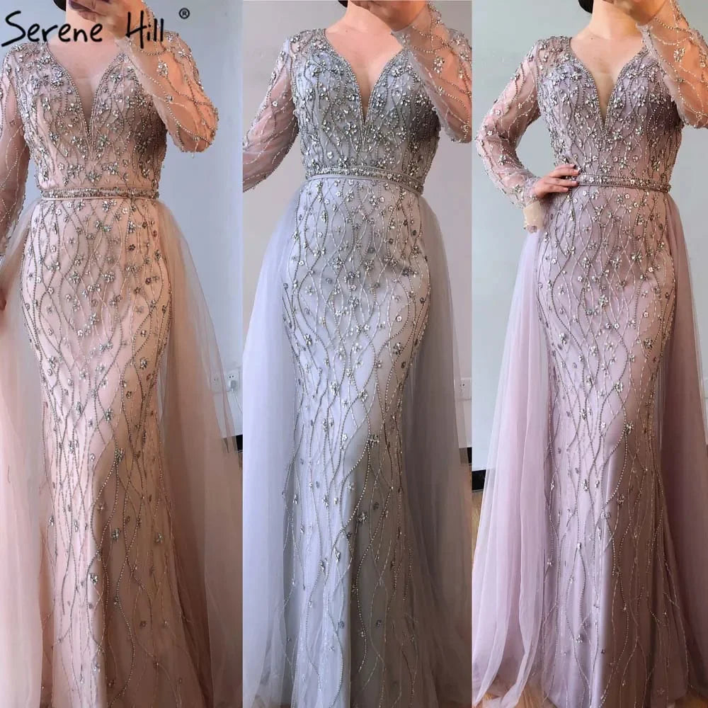 Zapdress Lilac V-Neck Long Sleeves Mermaid Beaded Evening Dress Detachable Overskirt Party Gown for Women (ZD17366)