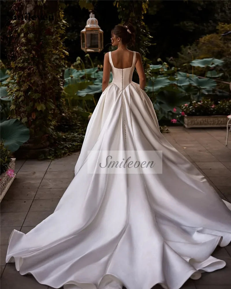 Smileven Spaghetti Strap Satin Wedding Dress A Line Bride Gown Boat Neck Princess Vestido De Novia Wedding Gowns Customized