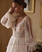 HERBURN Charming A-line Wedding Dresses for Women Bride Lace Appliques Illusion Puff Sleeves Backless Robe De Mariee Customized