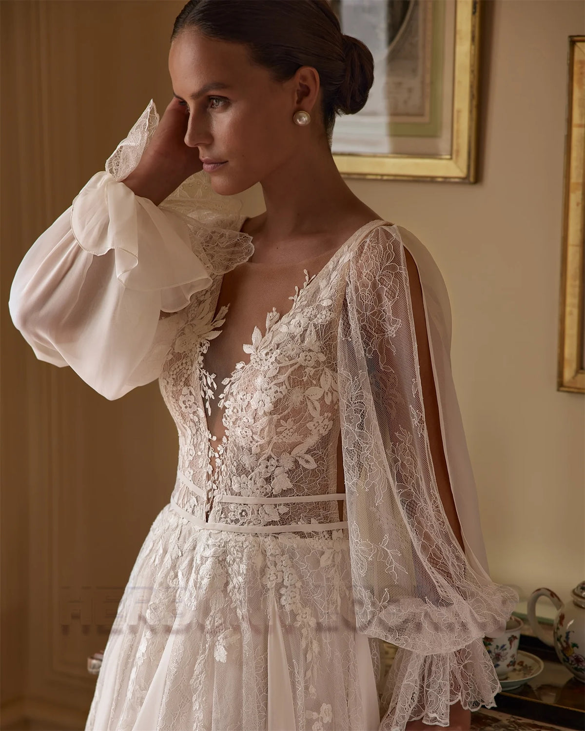 HERBURN Charming A-line Wedding Dresses for Women Bride Lace Appliques Illusion Puff Sleeves Backless Robe De Mariee Customized