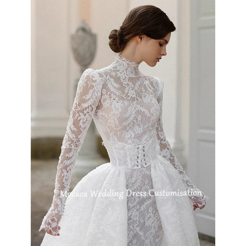 Mocaca Customized Luxury High Neck Lace Mermaid Wedding Dress Long Sleeve 2and1Detachable Train Bridal Gown Vestido De Novia