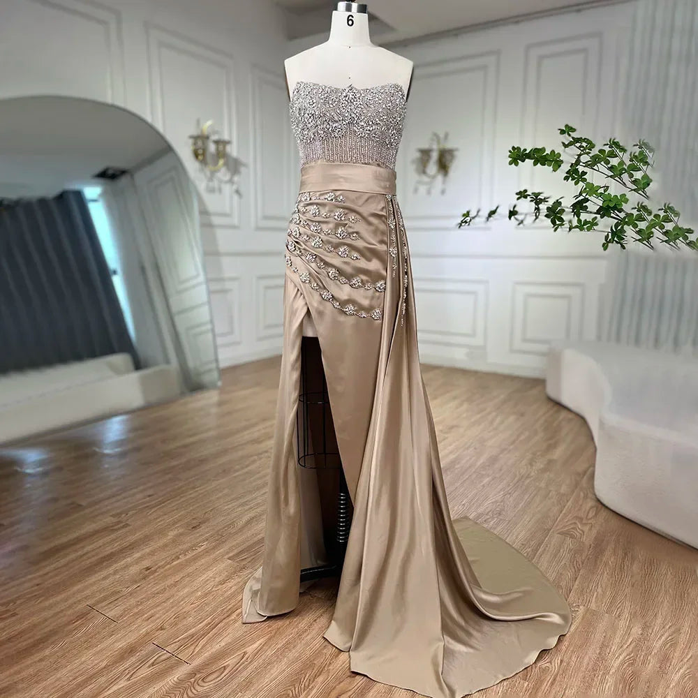 Serene Hill Customized Nude Strapless Mermaid High Split Evening Dresses with Skirt Beaded Party Gowns For Women 2025 DLA72135