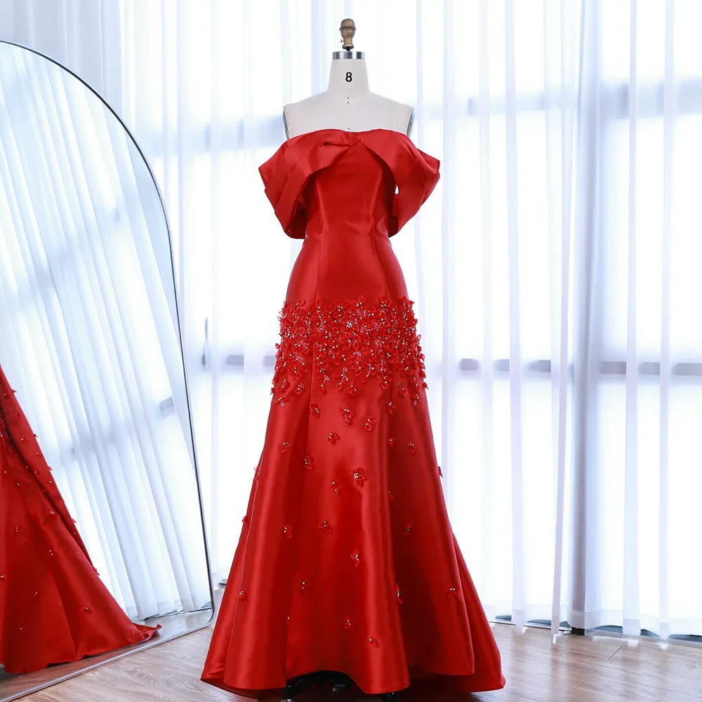 Zapdress Customized Elegant Red Off-Shoulder Evening Gowns with Floral Satin Arabic Party Prom Dress for Women (ZD17365)