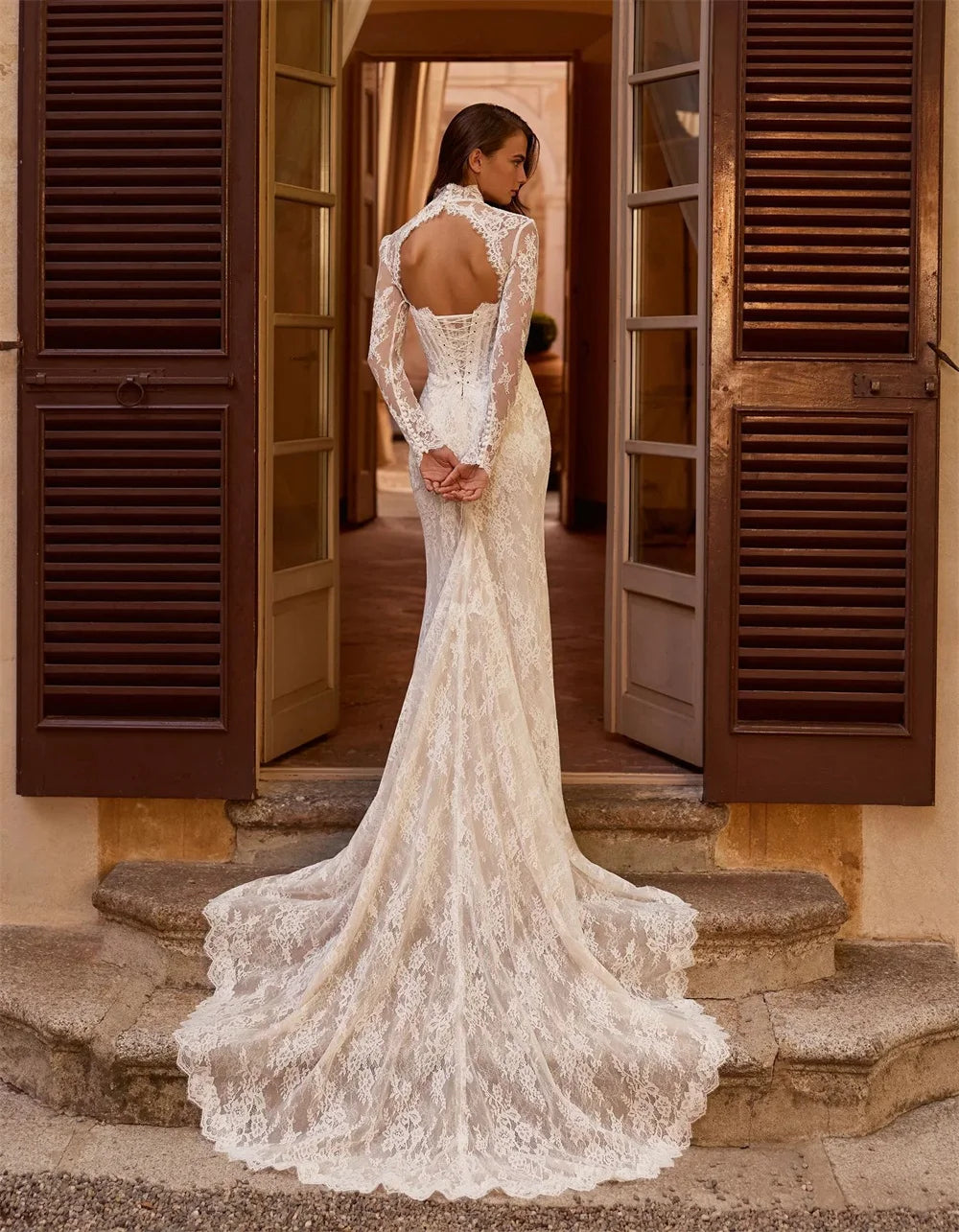 Kyoto Customized Ivory High Neck Lace Wedding Dress Backless Detachable Sleeves vestidos de noche Mermaid robe de mariée 2026