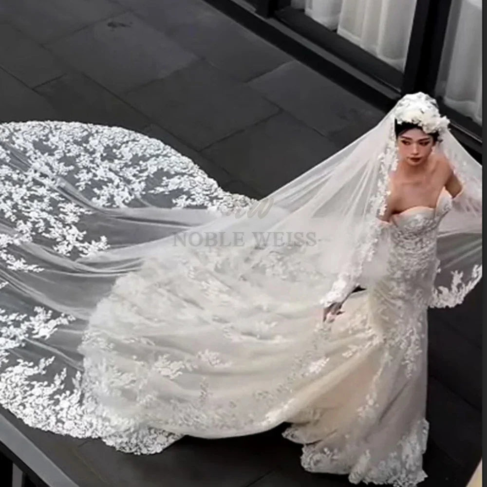 Long Wedding Veil Lace Appliques Cathedral Veil One-Layer Wedding Veils With Comb Customized
