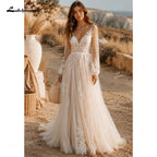 Romantic Puff Long Sleeve Boho Wedding Dress Low Open Back Tulle Bridal Gowns A Line Lace Applique Wedding Gowns Customized