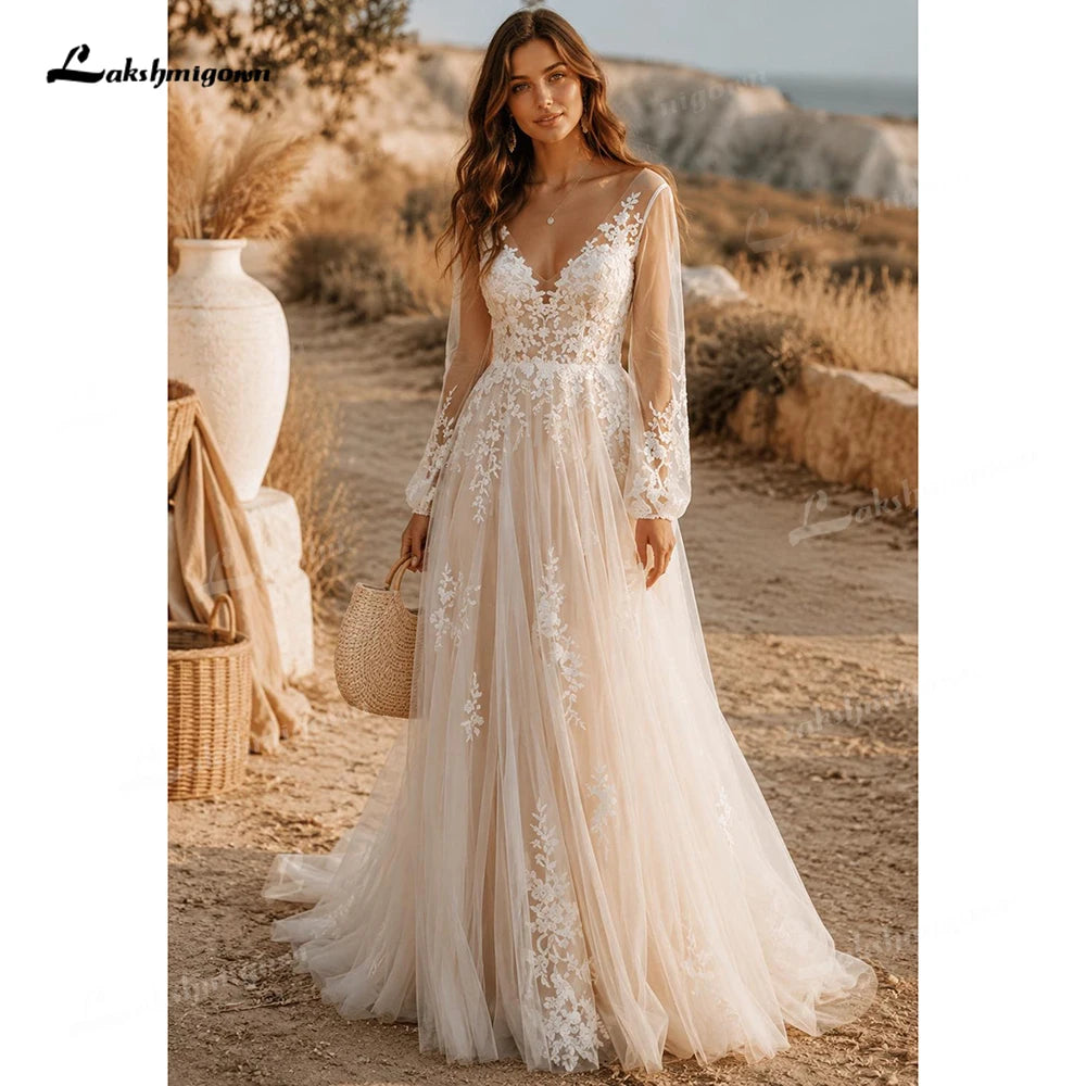 Romantic Puff Long Sleeve Boho Wedding Dress Low Open Back Tulle Bridal Gowns A Line Lace Applique Wedding Gowns Customized