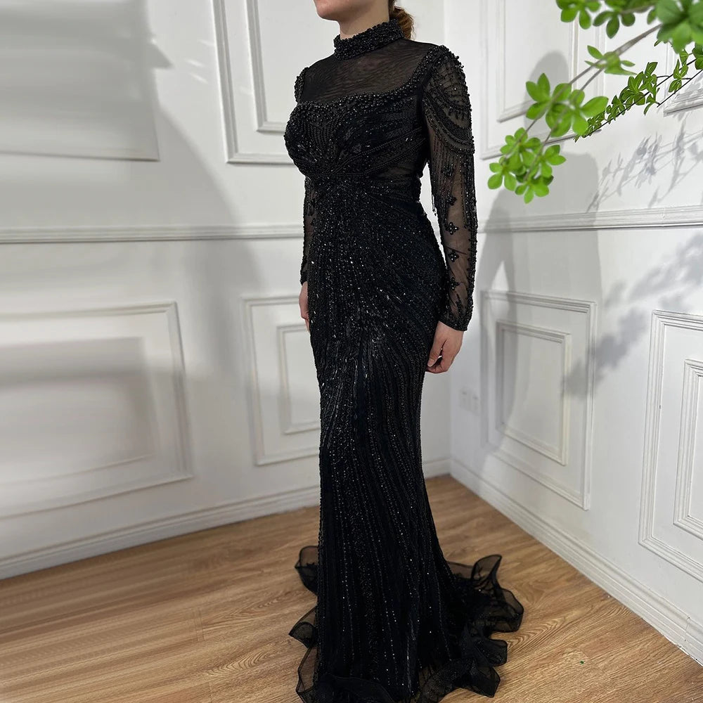 Zapdress Customized Nude Long Sleeves Beaded Mermaid Dubai Evening Dresses 2025 Muslim Party Gowns for Veiled Women (ZD17327)
