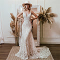 Customized Bohemian Lace Wedding Dress Deep V Neck Mermaid Gown Bridal Dress Sheer Panel Train Wedding Occasion Gown