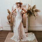 Customized Bohemian Lace Wedding Dress Deep V Neck Mermaid Gown Bridal Dress Sheer Panel Train Wedding Occasion Gown