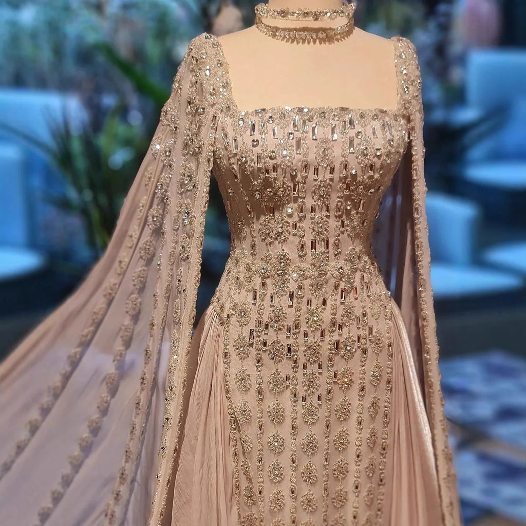 Zapdress Luxury Beaded Evening Gown Elegant Cape Sleeve Square Neck Muslim Wedding Party Dress 2026 DLA73272 Customized (ZD17380)