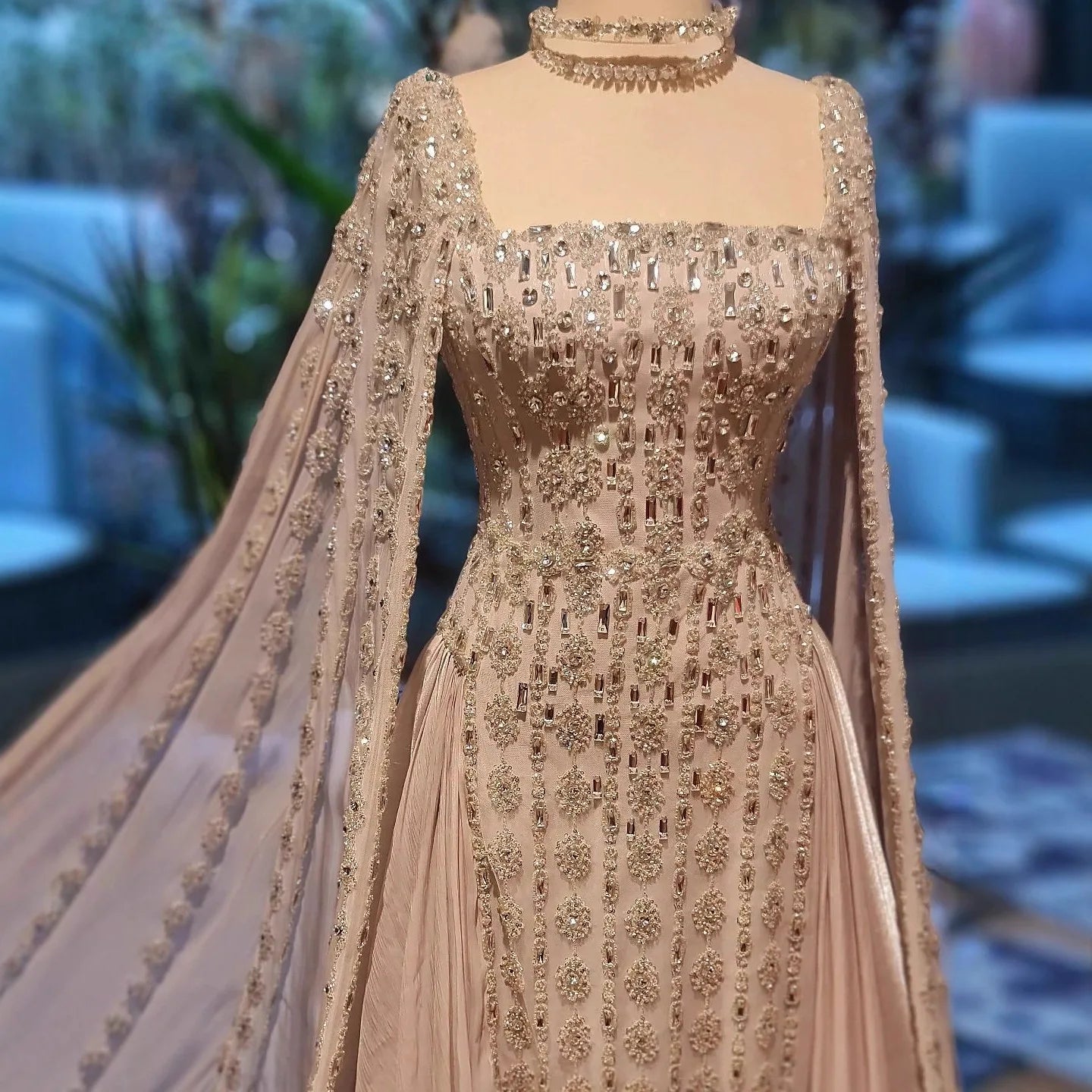 Zapdress Luxury Beaded Evening Gown Elegant Cape Sleeve Square Neck Muslim Wedding Party Dress 2026 DLA73272 Customized (ZD17380)