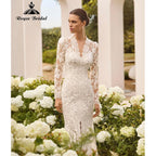 RoyceBridal Long Sleeve Floral Lace Mermaid Wedding Dress V Neck Front Slit Full Lace Back Chapel Train Bridal Gown Customized