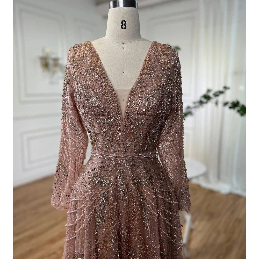 Zapdress Ccustomized Rose Gold Long Sleeves A-Line Beaded Evening Party Gowns Mother of the Bride Dress DLA70287L (ZD17336)